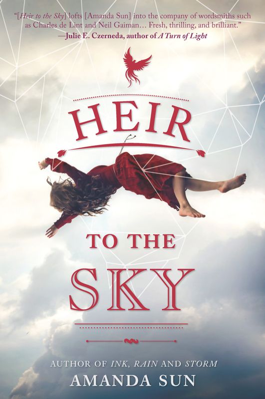 A girl in a red dress falling through clouds with her arms outstretched and the title Heir to the Sky